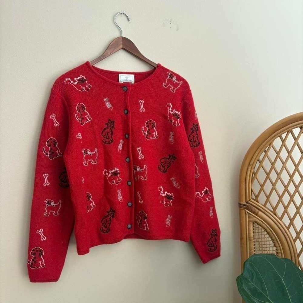 Vintage 90s Susan Bristol Cats and Dogs Monogram Embroidered Cardigan Sweater Sm